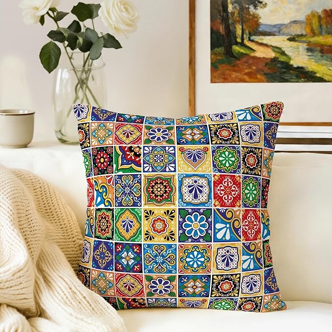 Mexican Talavera Tile Throw Pillow Covers 18x18 Set of 2, Colorful Boho Floral Pillowcases, Soft Square Cushion Covers for Couch Sofa Living Room Bedroom Farmhouse, Spring Easter Mexican Home Decor