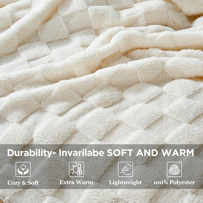 Zyrah White Fleece Twin for Couch Super Soft Twin Blanket 3D Checkered Design Lightweight Decorative Fuzzy Cozy Blankets for Sofa Chair Bed 60x80 Inches