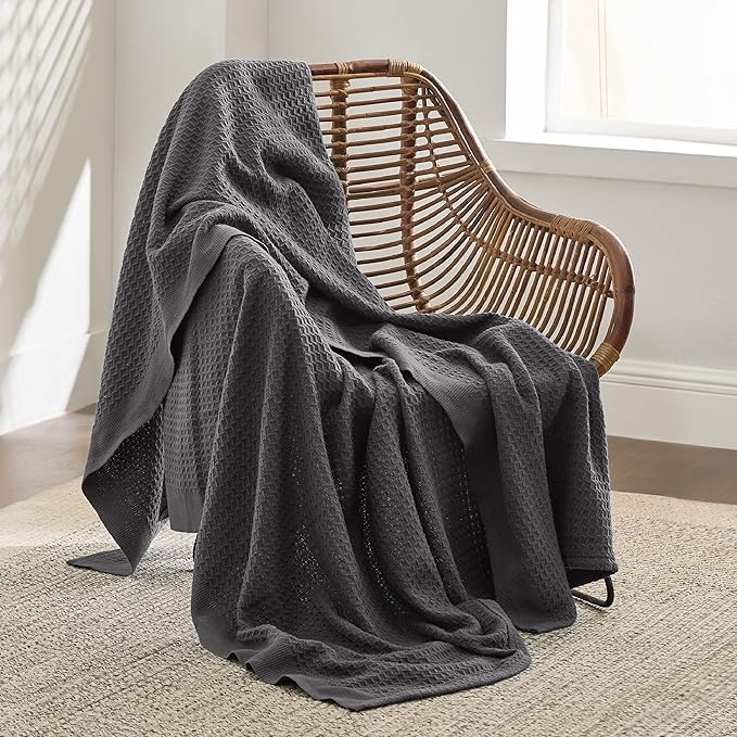 Bedsure Gentlesoft 100% Cotton Throw Blanket for Couch 50x70 inches - Cooling Breathable and Soft for Spring Summer, Waffle Weave Throw Blanket for Office, Dark Grey