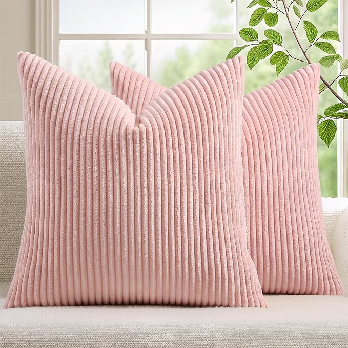 Mecatny Corduroy Decorative Throw Pillow Covers 16x16 Set of 2 for Sofa Living Room, Soft Neutral Boho Couch Pillow Covers for Home Decor, Pink