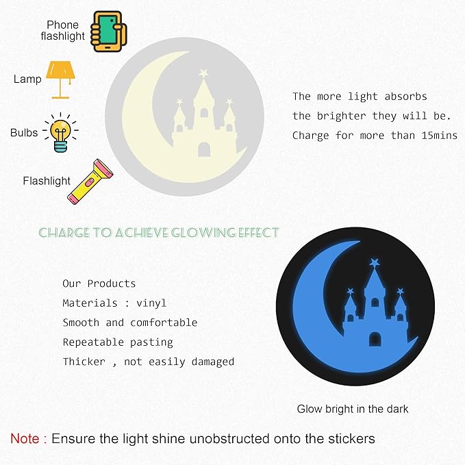 Glow in The Dark Unicorn Wall Decal Sticker, Cute Fairy Girl Bedroom Star Decoration, Glowing Moon Castle Ceiling Decor for Nursery Room
