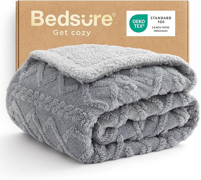 Bedsure Gentlesoft Sherpa Fleece Throw Blanket for Couch - Fluffy & Cozy Cable Jacquard Tufted Throw for Women Gift and Home Decor, Thick and Warm Blanket for Winter, Grey, 50x60 Inches