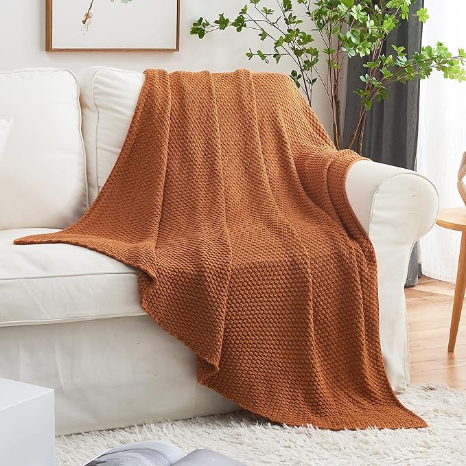 Longhui bedding Burnt Orange Knitted Throw Blanket for Couch, Soft, Cozy Machine Washable 100% Cotton Sofa Knit Blankets, Heavy 3.0lb Weight, 51 x 63 Inches, Laundry Bag Included