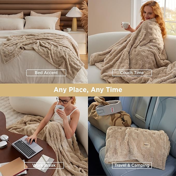 Bedsure Waffle Couch Throw Blanket - GentleSoft Fleece Cozy Blanket for Sofa Bed Room Decor, Super Fluffy Checkered Throw for Women Girls, Warm Cute All Season Gift, Tan, 50x60 Inches