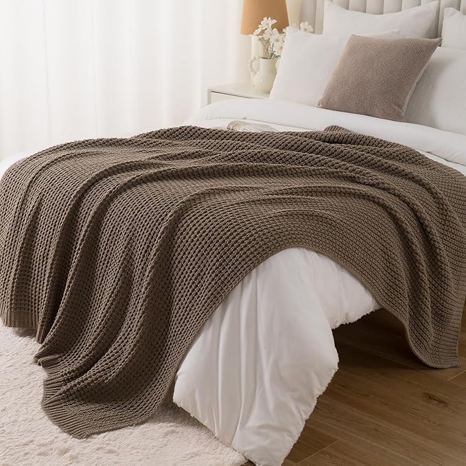 Bunnikins & Clover Knitted Waffle Throw Blanket 50x60 Inches, Camel Tan Throw Blanket for Couch, Tan Blanket Fluffy Cozy Knit Soft Throws for Women Mothers Birthday Gifts