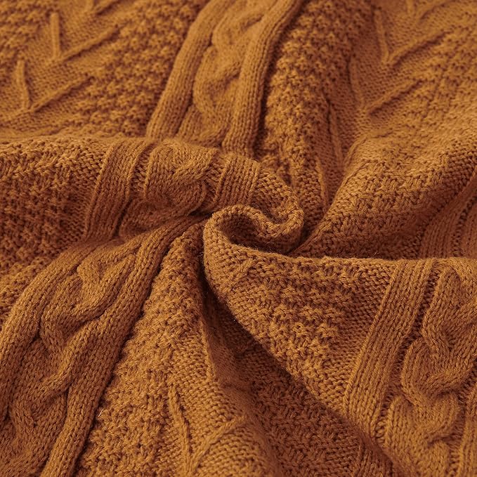 Longhui bedding Burnt Orange 50 x 63 Inches Acrylic Cable Knit Sherpa Throw Blanket - Thick, Soft, Big, Cozy Knitted Fleece Blankets for Couch, Sofa, Bed - Large Coverlet All Season