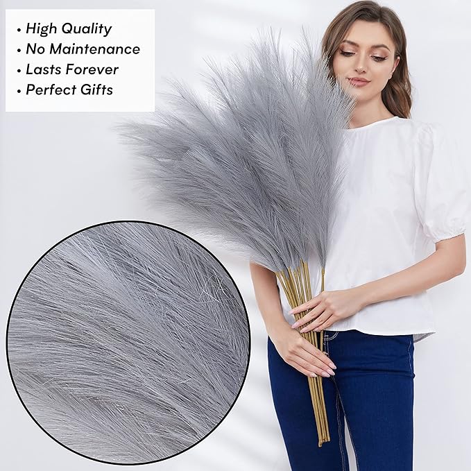 Faux Pampas Grass, Set of 9 Stems 37'' Tall Fluffy Fake Pompas Floral, Large Artificial Pompous Branches for Floor Vase Fillers, Pompas Decorativas, Boho Farmhouse Wedding Home Decor(Grey)
