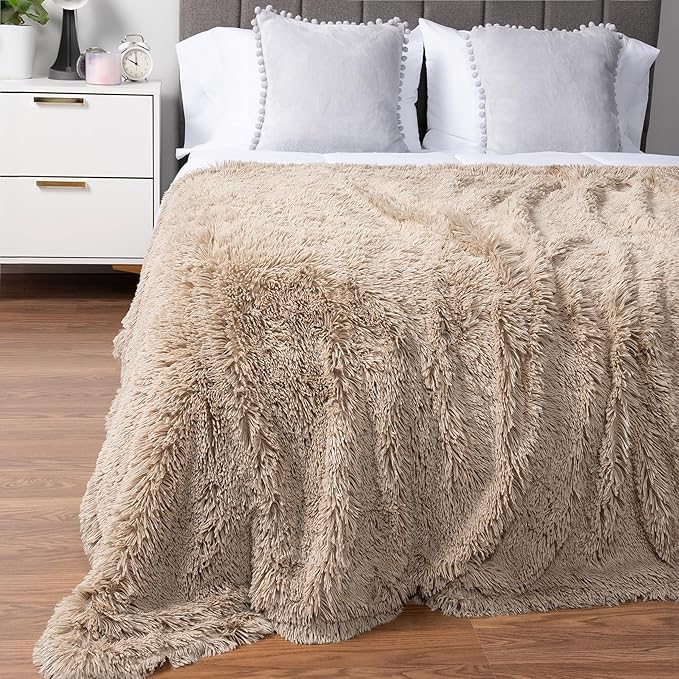 Pavilia Taupe Tan Fluffy Throw Blanket for Couch & Bed, Fuzzy Plush Warm Blanket, Super Soft Thick Faux Fur Sherpa, 60x80