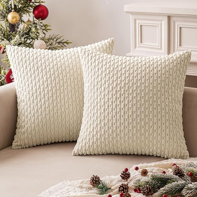 MIULEE Pack of 2 Decorative Throw Pillow Covers 26x26 Inch Soft Boho Striped Textured Corduroy Pillow Covers Modern Farmhouse Home Decor for Couch Bed Sofa Living Room Cream White
