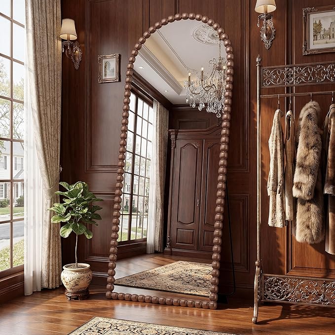 Antok 57" x 21" Arched Full Length Mirror, Antique Beaded Frame Floor Standing or Wall Mounted Mirror with Stand for Bedroom, Entryway, Brown, Luxury Style