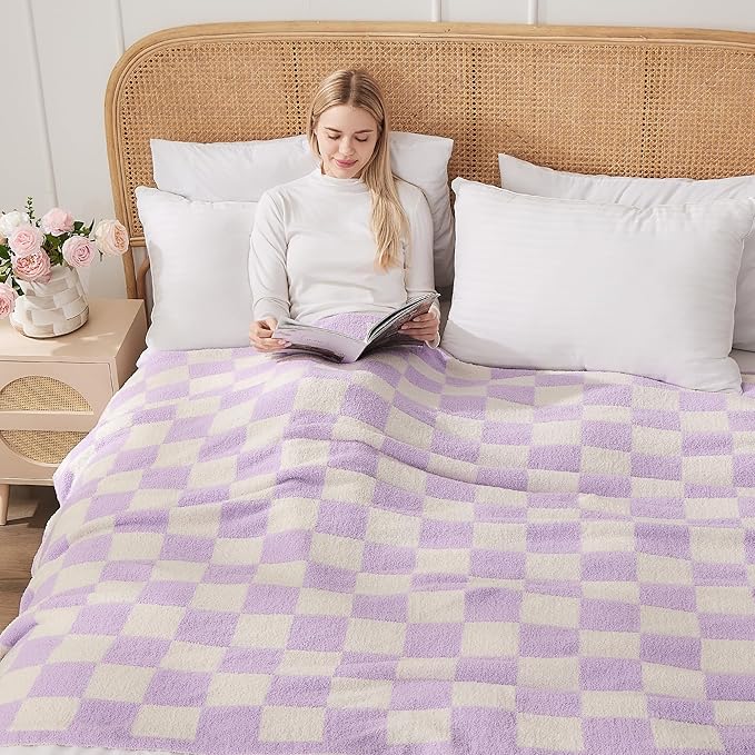 JOOJA Soft Cozy Checkerboard Lilac Blanket Fluffy Knit Throw Blanket for Couch Plaid Checkered Blanket Lilac 50x60 in
