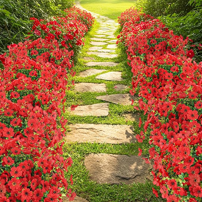 Artificial Flowers Outdoor Faux Plants UV Resistant Fake Patio Flowers Plastic Greenery Plnats Outside Bulk for Spring Garden Hanging Planter Home Vase Decor, 12 Bundles (Red)