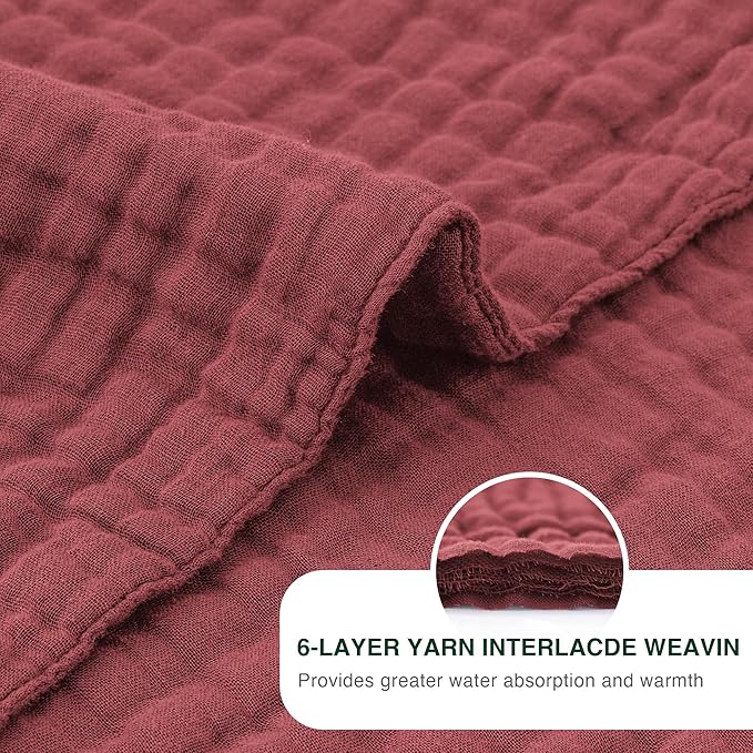 Love's cabin 100% Cotton Muslin Blanket, 6 Layer Lightweight Breathable Gauze Queen Size Blanket 90 x 90 Inches, Soft All Season Blanket for Bed, Wine Red