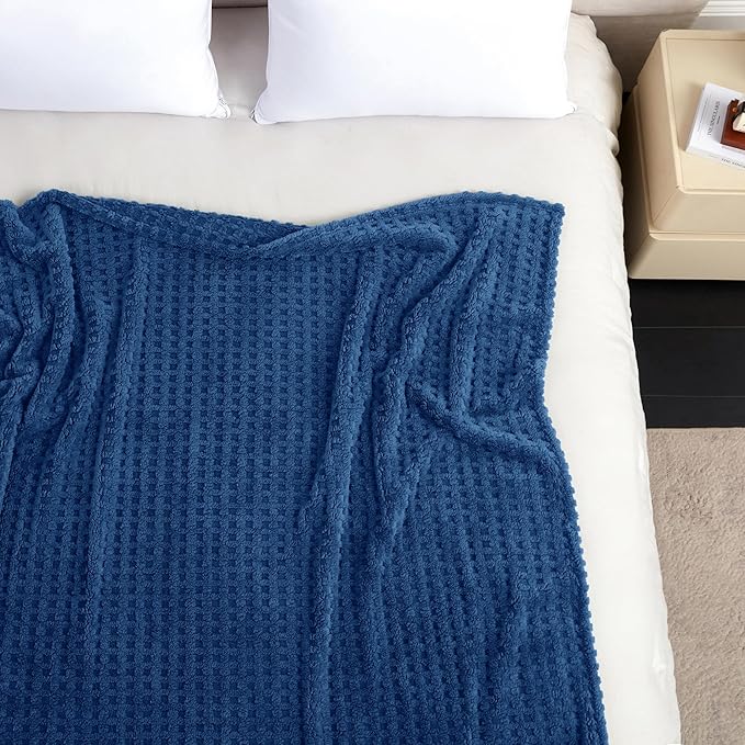 Soft Cozy Fuzzy Fleece Queen Size Blanket, Waffle Navy Blue, 90x90 Inches – Lightweight, Fluffy, and Warm 3D Jacquard All-Season Blanket for Bed, Couch, Sofa, Camping, and Travel