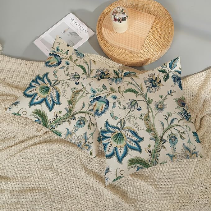 Blue Green Pillow Covers 16x16 Set of 2 Sage Green Chinoiserie Floral Throw Pillows Boho Vintage Flowers Decorative Pillowcase Outdoor Chinoiserie Decor Farmhouse Cushion Case for Couch Sofa