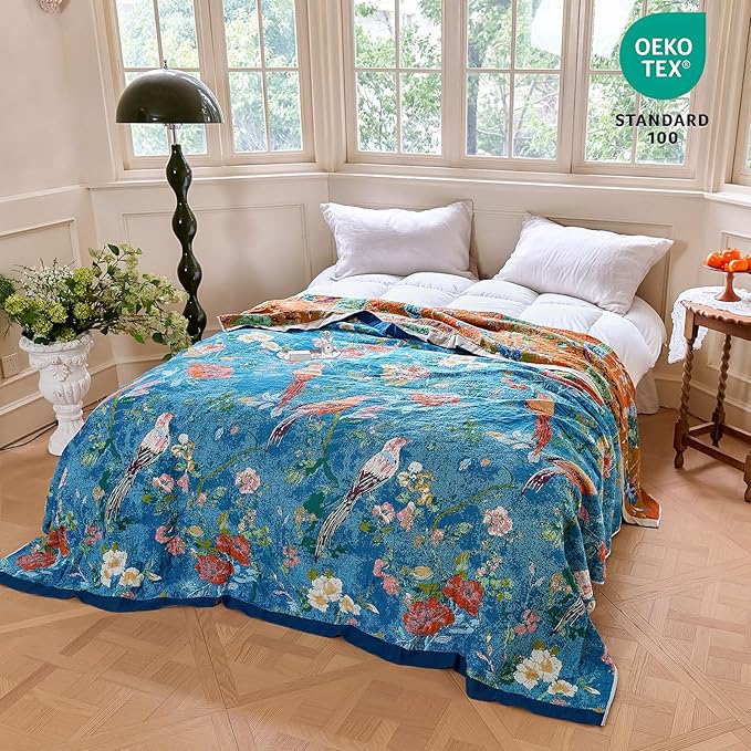 MSGKV Boho Throw Blanket for Couch 50"x60" Cotton Blanket with Floral and Bird Spring Breathable Lightweight Farmhouse Decorative Blankets for Sofa Muslin All Seasons