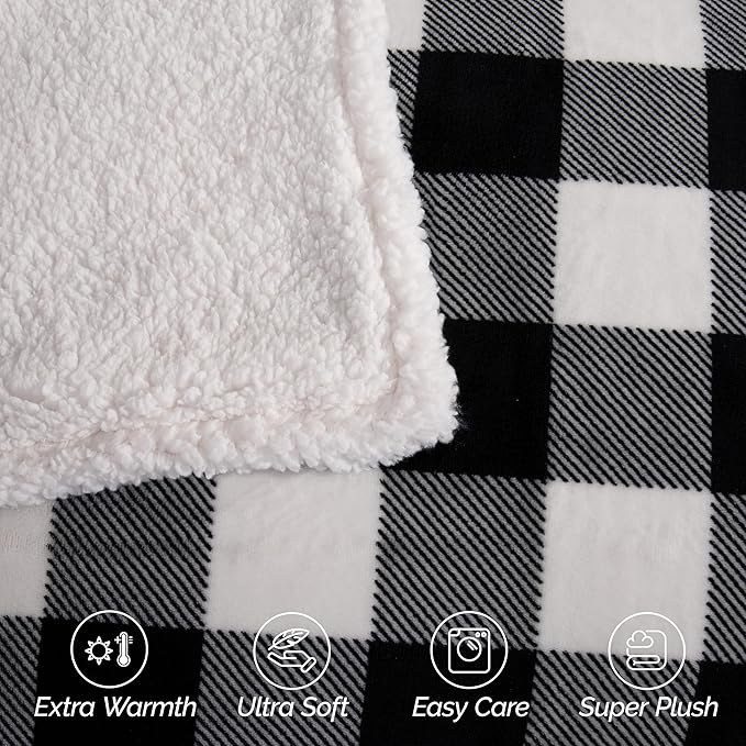 Elegant Comfort Ultra Soft Reversible Buffalo Plaid Flannel Sherpa Blanket - Cozy Silky Checkered Fleece Throw for Couch, Bed - Plush Fuzzy Warm Winter Blanket for Gift, Queen, Black