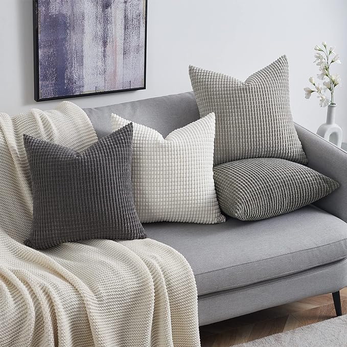 Topfinel 4 Packs Grey Decorative Throw Pillow Covers 26x26 Inch for Living Room Couch Bed Sofa, Boho Western Farmhouse Home Decor, Square Soft Moss Corduroy Fall Cushion Case 65x65 cm
