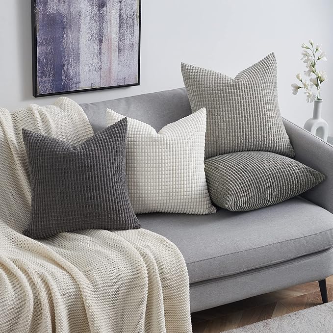 Topfinel 4 Packs Grey Decorative Throw Pillow Covers 16x16 Inch for Living Room Couch Bed Sofa, Boho Western Farmhouse Home Decor, Square Soft Moss Corduroy Fall Cushion Case 40x40 cm