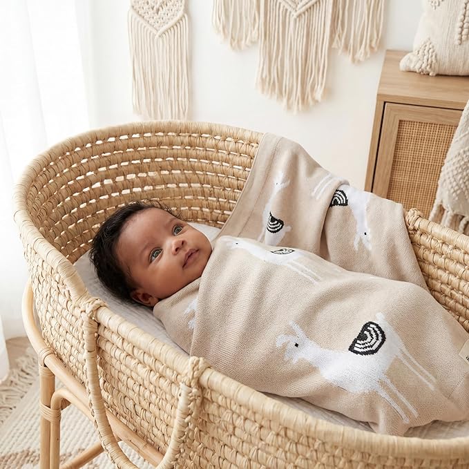 Unisex Cozy Receiving Swaddle Cuddle Stroller Crib Stroller 100% Fine Loomed Cotton Blanket - Quilt Blanket for Newborns, Infants Toddler, Boys and Girls (Llama - Cream)