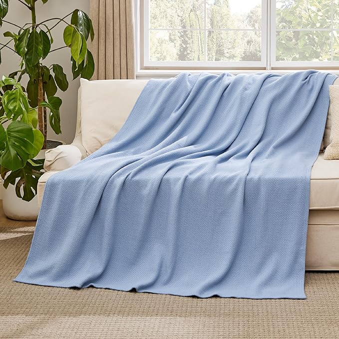 Bedsure GentleSoft 100% Cotton Large Throw Blanket for Couch 50x70 inches - Breathable and Lightweight, Soft Cozy Herringbone Woven Cotton Throw for Summer, Ashley Blue Office Chair Blanket