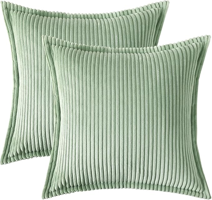 Mecatny Corduro Spring Throw Pillow Covers 18x18 Set of 2, Neutral Decorative Soft Boho Couch Pillow Covers with Broadside for Sofa Living Room, Sage Green