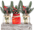 Winter Mason Jar Centerpiece for Table with LED Lights & Artificial Plants, Set of 3 Decorative Red Mason Jars for Christmas Home Decor, Kitchen Dining Table Centerpiece