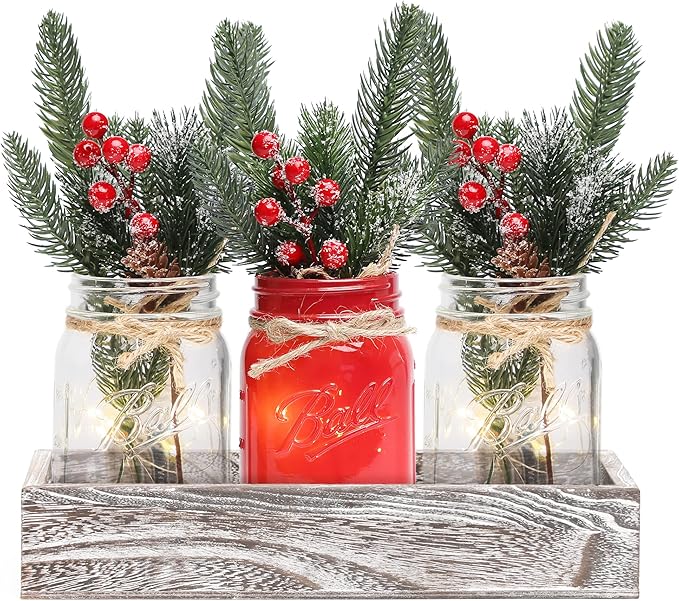 Winter Mason Jar Centerpiece for Table with LED Lights & Artificial Plants, Set of 3 Decorative Red Mason Jars for Christmas Home Decor, Kitchen Dining Table Centerpiece