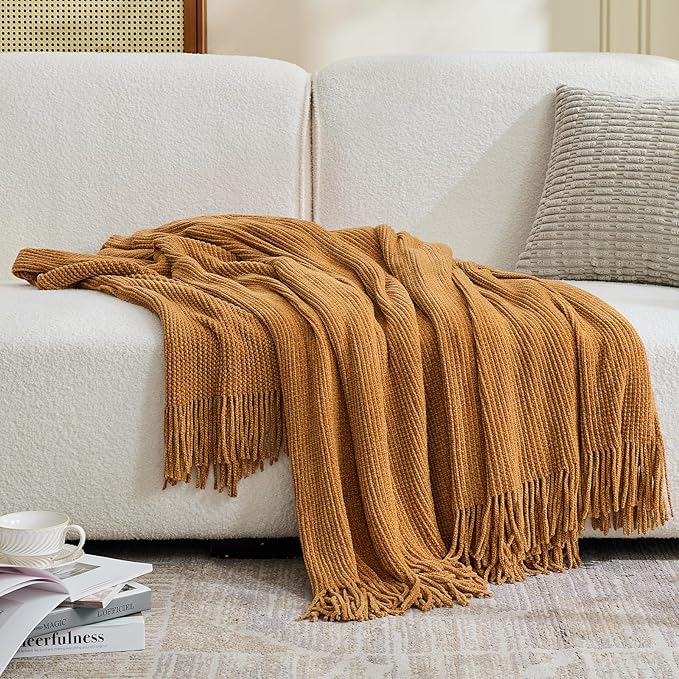 inhand Brown Throw Blanket for Couch Bed,Fall Home Decorative Soft Chunky Chenille Woven Blankets with Tassels,Lightweight Cozy Boho Farmhouse Warm Winter Gifts for Women,50"x60",Medium Thick