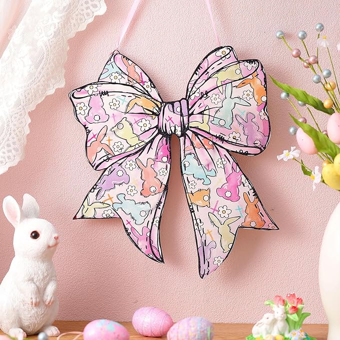 RattanView Cute Easter Bow Wooden Door Decor Colorful Bunny Hanger Sign Coquette Bow Wall Hanging Pastel Preppy Wall Art Bowknot Welcome Front Door Girly Decor for Room Indoor Outdoor Porch