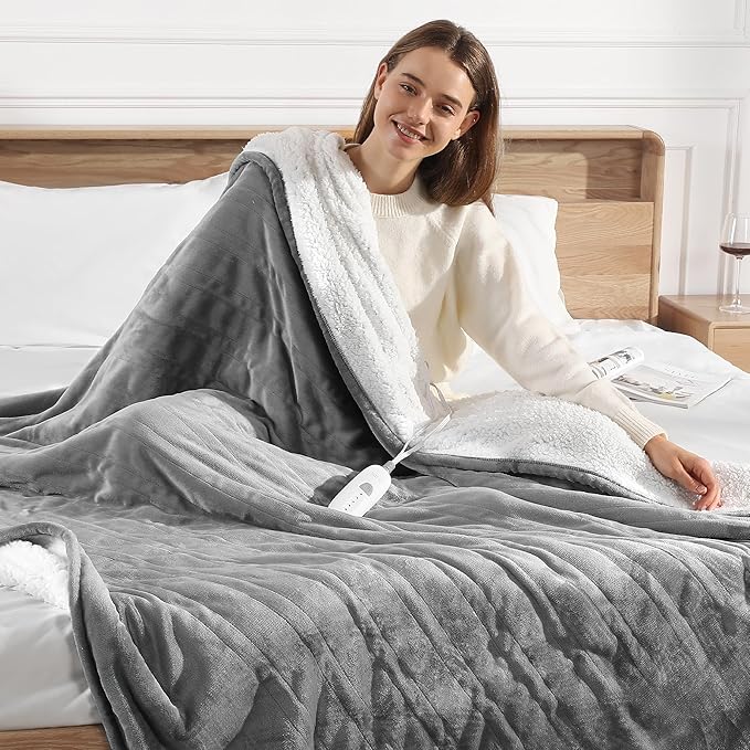 Heated Blanket Twin Electric Blanket 62X84in - Fast Heating Blanket for Adults Ultra Soft Flannel & Warm Sherpa with 5 Heat Levels & 10 Hrs Timer, Machine Washable, Office Use for Winter(Gray)
