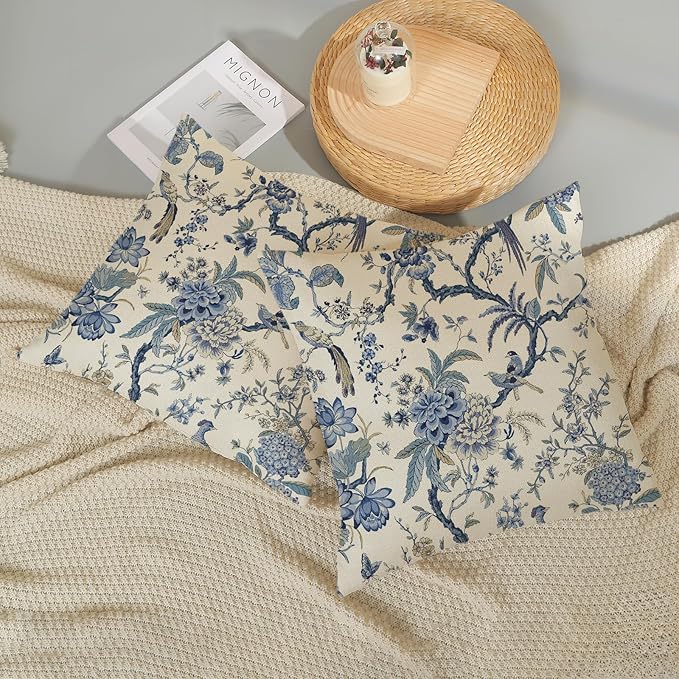 Chinoiserie Floral Bird Pillow Covers 20x20 Set of 2 Blue Chinoiserie Flowers Decorative Pillow Cases Outdoor Blue and Cream Throw Pillows Farmhouse Linen Cushion Case for Couch Home Decor