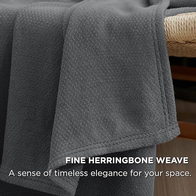 Bedsure GentleSoft 100% Cotton Blanket King Size for Bed - Breathable and Lightweight, Soft Cozy Textured Herringbone Woven Blanket for Summer, Dark Grey, 108x90 inches