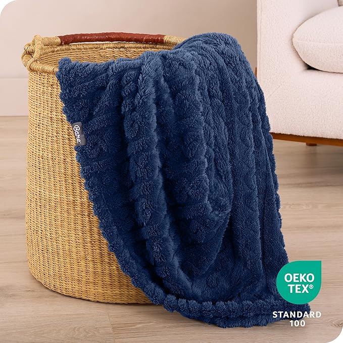 Bare Home Faux Shearling Blanket - King Size - Blanket for Bed, Sofa, Couch, Camping, Travel, and Gifts - Warm & Lightweight - Fluffy & Soft (King, Cable Dark Blue)