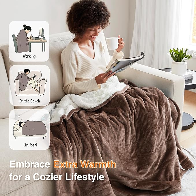 Beautyrest Heated Throw Blanket, Electric Throw, Soft, Warm, Reversible Plush - Sherpa, 3 Heat Settings, 2 hr Auto Shut Off, Machine Washable, 50 x 60 Brown