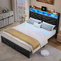 DWVO Bed Frame with Charging Station and Storage Headboard, Upholstered Platform with Large Under Bed Storage and LED Light, No Box Spring Needed, Noise Free, Faux Leather, Black, Queen Size