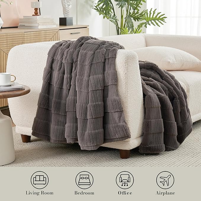 Amélie Home Luxury Striped Faux Fur Throw Blanket for Couch, Soft Cozy Fuzzy Fluffy Soft Plush Blankets Sofa Chair Gift Blankets for Women, 60"x80", Charcoal Gray