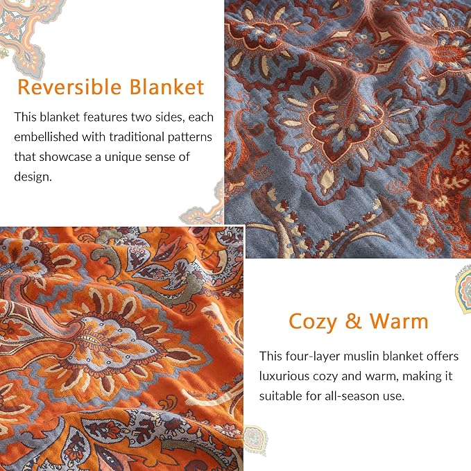 Boho Throw Blanket for Couch Sofa Bed, 100% Cotton Woven Quilt with Tassel 50”x60”, Super Soft Muslin Blanket with Floral Printed, Decorative Reversible Bed Blanket/Cover for All Seasons