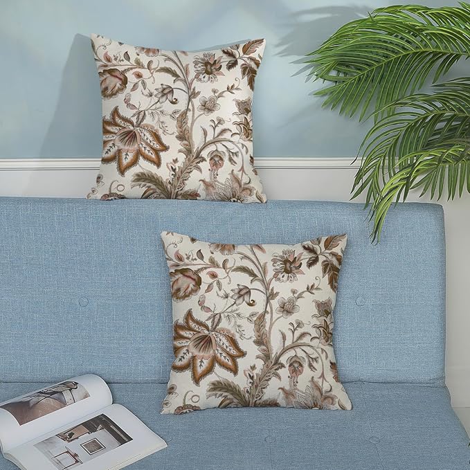 Brown Pillow Covers 16x16 Set of 2 Brown Chinoiserie Floral Throw Pillows Boho Vintage Flowers Decorative Pillow Cases Outdoor Chinoiserie Decor Farmhouse Linen Cushion Cover for Couch Sofa