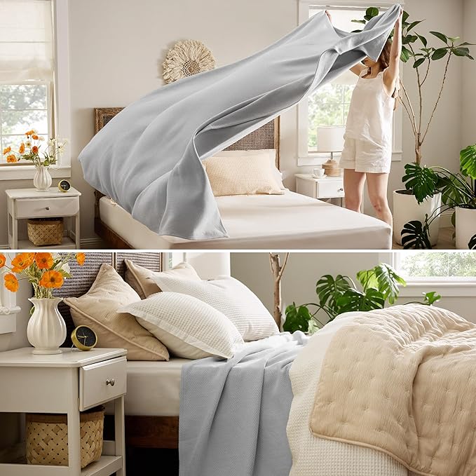 Bedsure GentleSoft 100% Cotton Blanket Queen Size for Bed - Breathable and Lightweight, Soft Cozy Textured Herringbone Woven Blanket for Summer Spring, Cool Grey, 90x90 inches