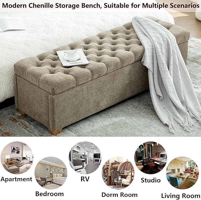 60.2" Storage Ottoman Bench for Bedroom Bed End,Chenille Bench with Seating,Button Tufted Ottomans with Storage for Living Room,Bedside,Entryway (Chenille Taupe, 60.2")