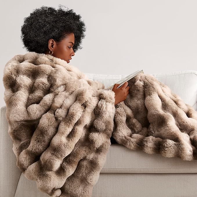 WDCOZY Luxury Bubble Throw Blanket, Faux Fur Mink Plush Throw for Couch, Sofa and Bed, Soft Fluffy Fuzzy Furry Cozy Blanket, Thick and Warm, 60x80 inches, Tie-Dye Grey, 950 GSM