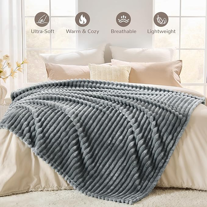 Gray Fleece Queen Size Blanket for Bed, 320GSM Super Soft Cozy Blanket for Home Decor, Perfect Cozy Gifts for Women Men Gifts, Lightweight All Season Bed Blanket, 90x90 Inches