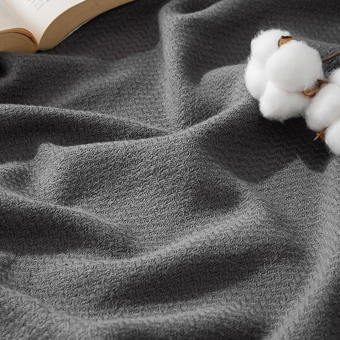 Bedsure GentleSoft 100% Cotton Blanket Twin XL Size for Bed - Breathable and Lightweight, Soft Cozy Textured Herringbone Woven Summer Blanket for College Dorm, Dark Grey, 66x90 inches
