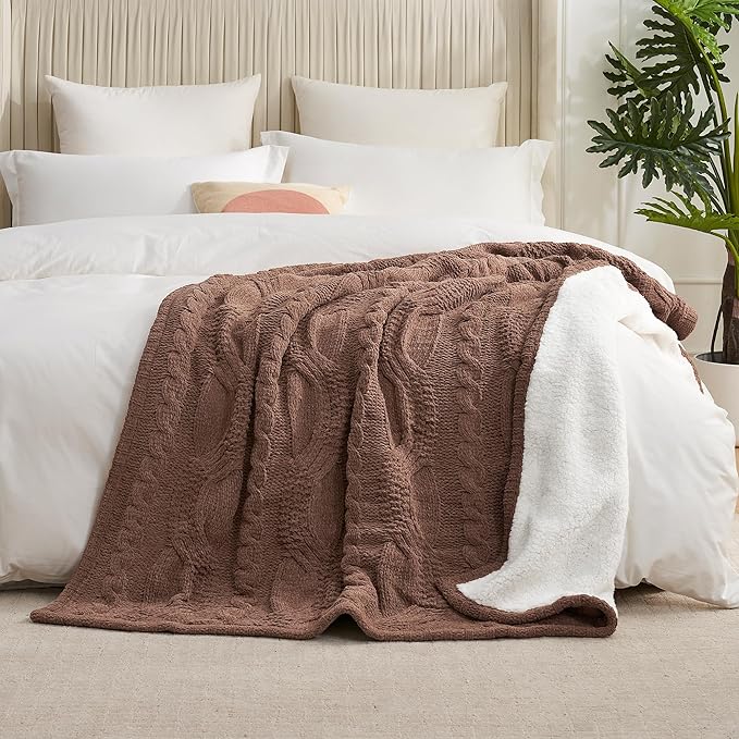 Amélie Home Cable Knit Throw Blanket for Couch Twin, Chenille Sherpa Soft Cozy Throw Blankets for Sofa Chair Comfortable Home, 60"x80", Brown