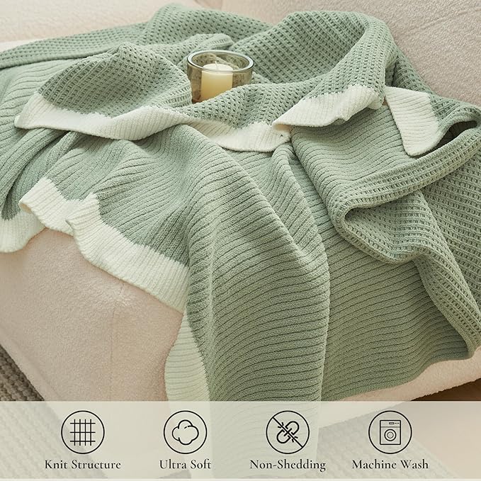 Amélie Home Waffle Throw Blanket for Couch, Soft Cozy Chenille Knit Blanket Warm Decorative Throw for Sofa, 50"x60", Sage Green