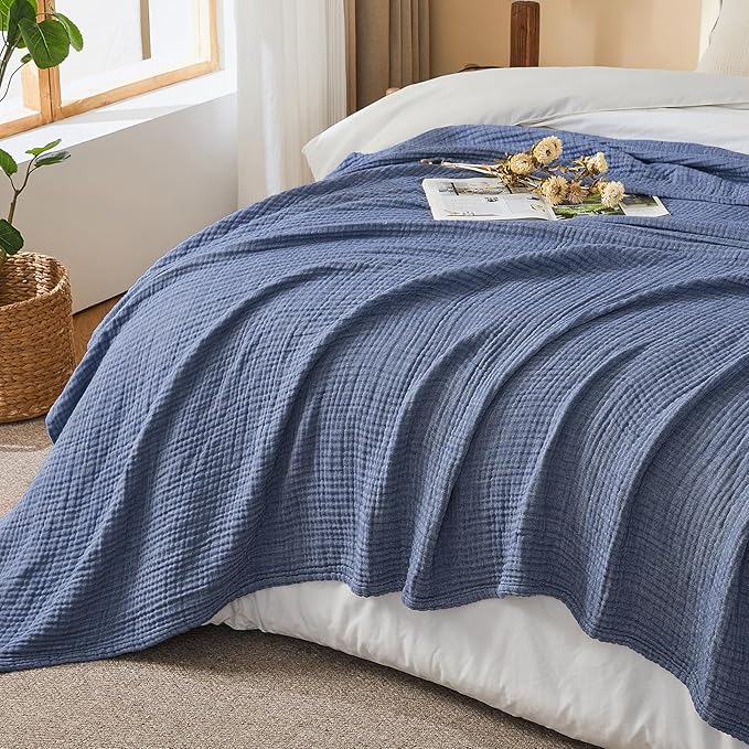 EMME Cotton Muslin King Blanket Bed Layering Bedspread Coverlet Breathable Gauze Soft Lightweight (Heather Navy, 108"x90")