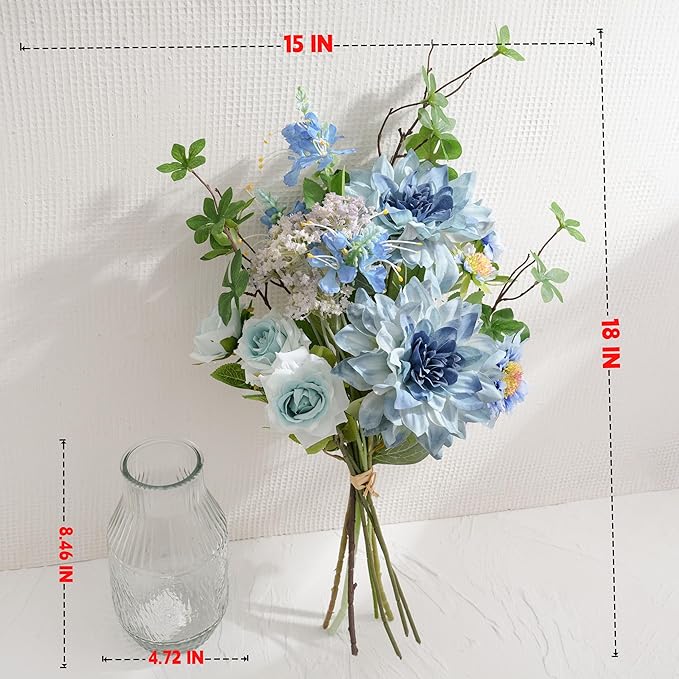 Artificial Flowers in Vase Centerpiece – Blue Dahlia & Rose Arrangement, Coastal Style Faux Floral Table Decorations for Coffee Table, Dining Room, Living Room, Bathroom & Beach House Home Decor