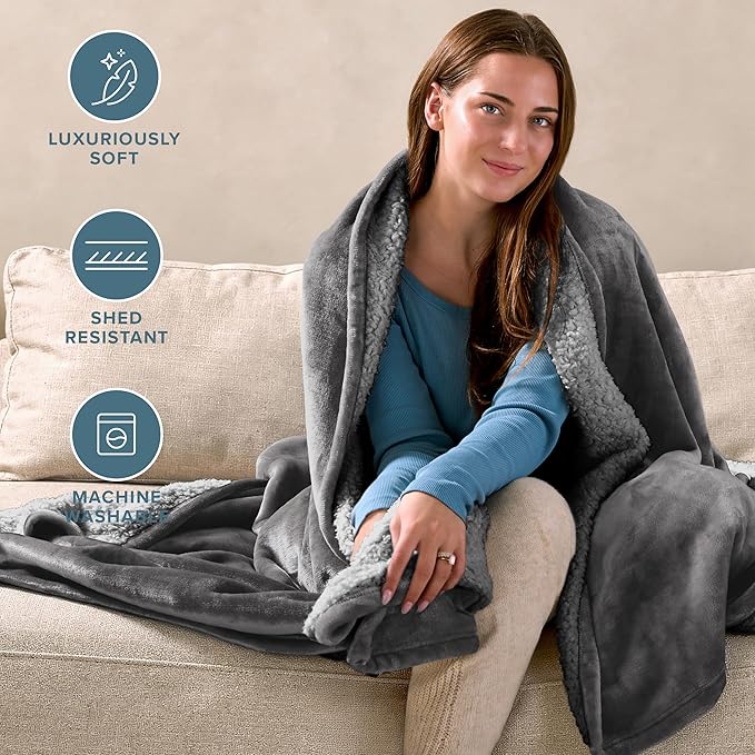 Bare Home Sherpa Fleece Blanket - Throw/Travel Size - Blanket for Bed, Sofa, and Couch - Warm & Lightweight - Fluffy & Soft - Reversible (Throw/Travel, Grey with Grey Sherpa)