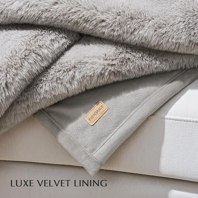 EVERGRACEHOME Luxury Soft Faux Chinchilla Fur Throw Blanket for Couch, Warm Thick Heavy Winter Throw Blanket 1220GSM for Bed, Fluffy Cozy Mink Blanket with Reversible Velvet, Silver Taupe, 50"x60"